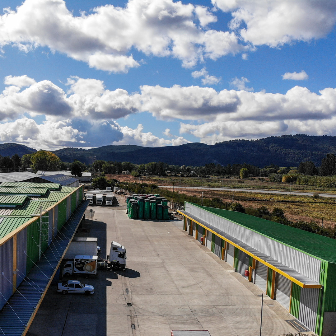 Calle interior del condominio con camiones estacionados entre dos filas de bodegas, con el entorno de Valdivia al fondo