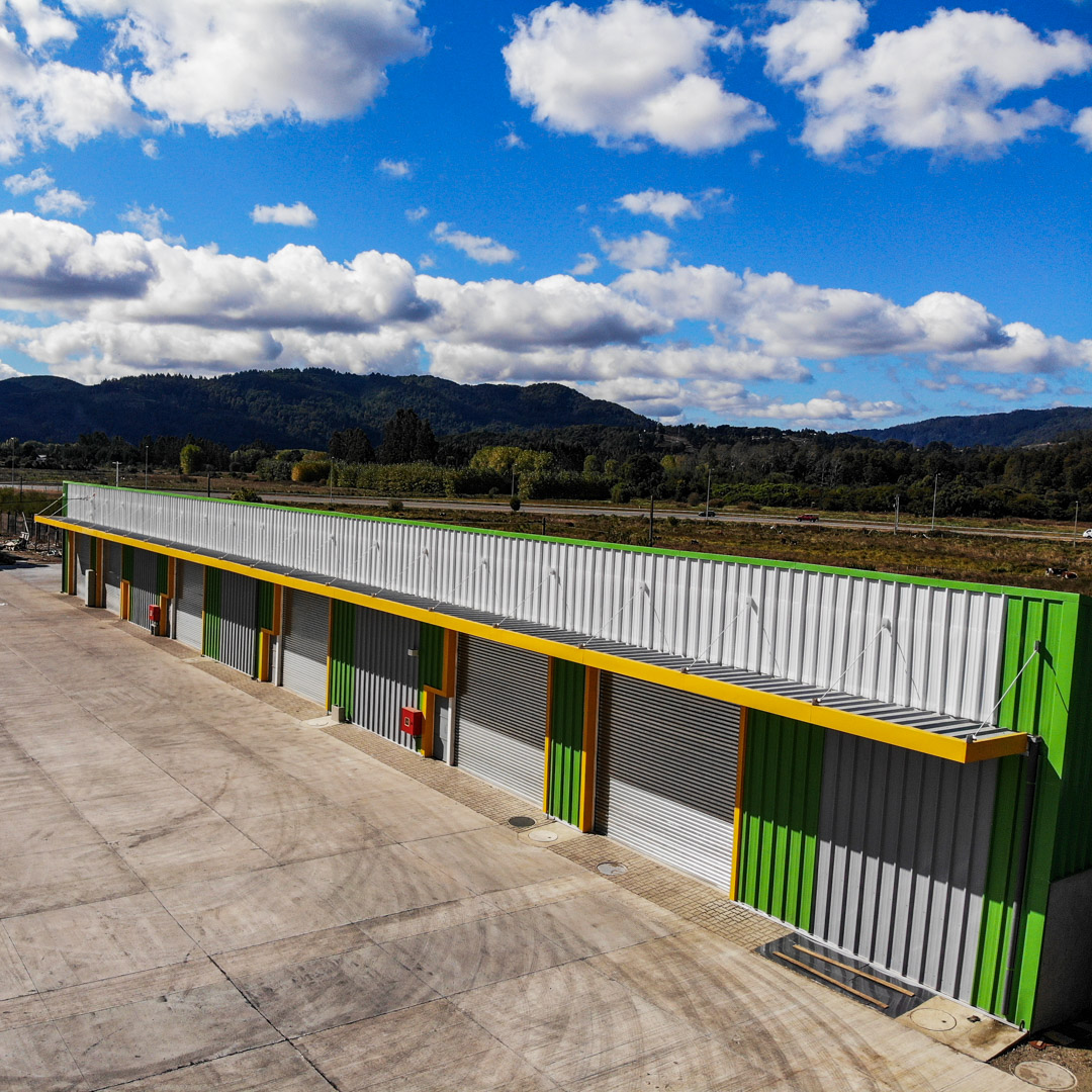 Fila de bodegas de Chilespacios con cortinas de acero automaticas y revestimiento galvanizado